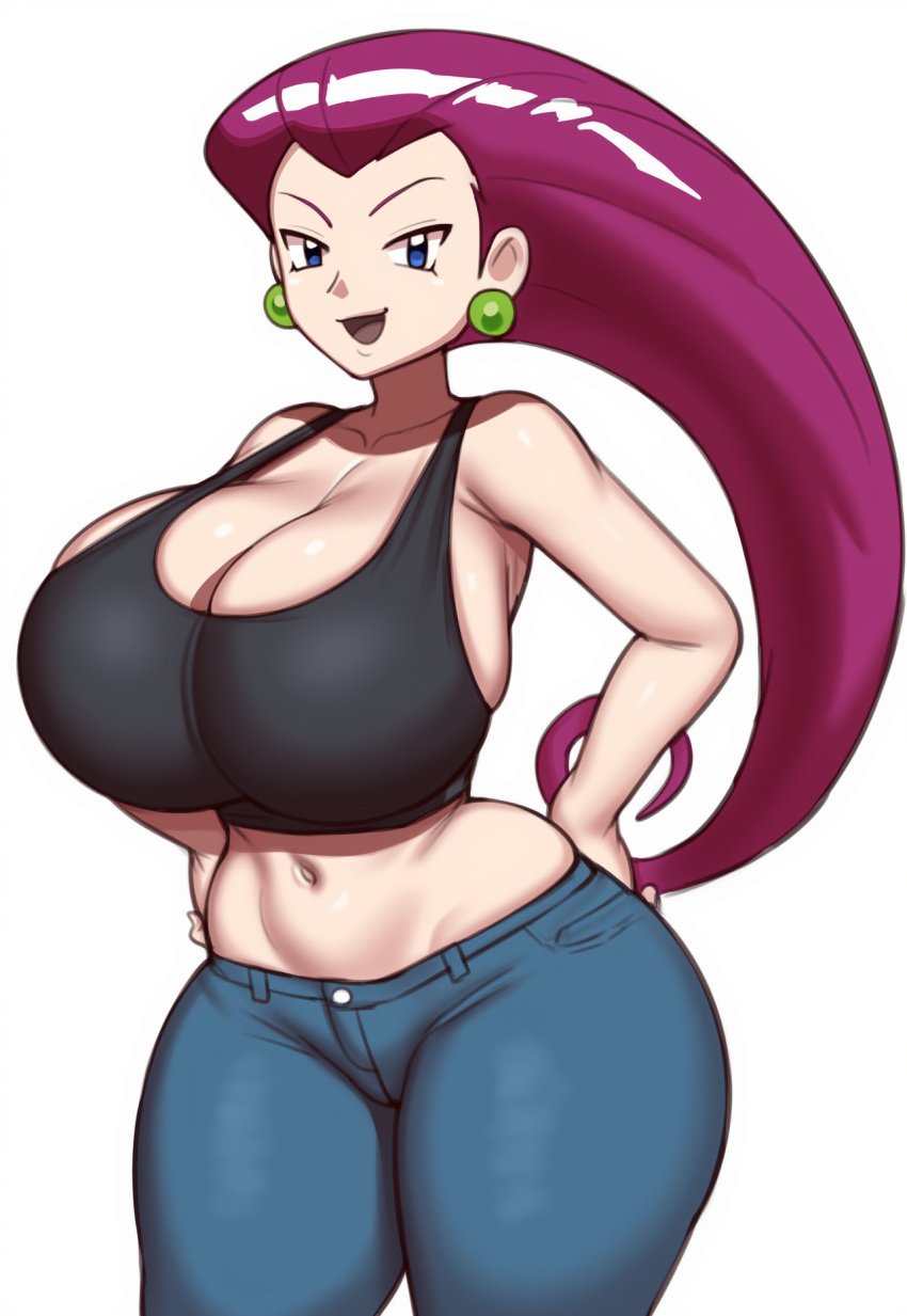 ai_generated big_breasts cleavage grey_impact_(style) jeans jessie_(pokemon) large_breasts lipstick lubbasdump magenta_hair massive_ass massive_hips smug tank_top wide_hips