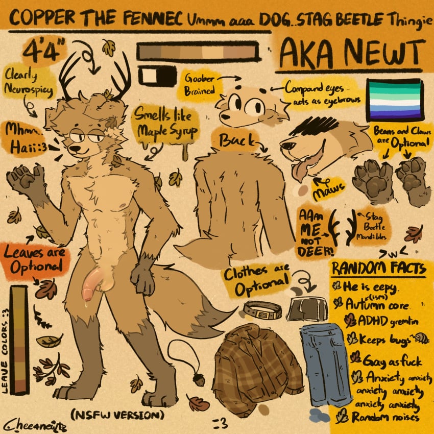 1:1 anthro balls biped bodily_fluids bottomwear canid canine canis chee4newt choker clothed clothing colored copper_the_fennec domestic_dog english_text flag foreskin genital_fluids genitals half-erect hi_res jewelry leaking_precum male mammal model_sheet necklace pants pawpads penis precum profanity shirt solo text tongue topless topwear