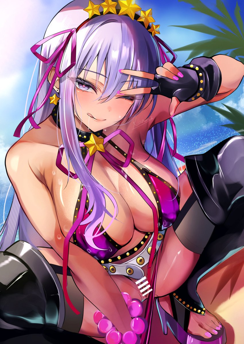 absurdres bare_shoulders bb_(fate) bb_(swimsuit_mooncancer)_(fate) bb_(swimsuit_mooncancer)_(second_ascension)_(fate) bead_bracelet beads belt bikini black_gloves black_thighhighs blush bracelet breasts censored cleavage covered_nipples dark-skinned_female dark_skin fate/grand_order fate_(series) female fingerless_gloves gloves hair_ornament hair_ribbon hairband high_heels highres jewelry large_breasts licking_lips long_hair looking_at_viewer neck_ribbon one_eye_closed platform_heels purple_bikini purple_eyes purple_hair pussy ribbon riza_(tomoriza_25252) smile solo spread_legs squatting star_(symbol) star_hair_ornament swimsuit tan thighhighs tongue tongue_out v very_long_hair white_belt