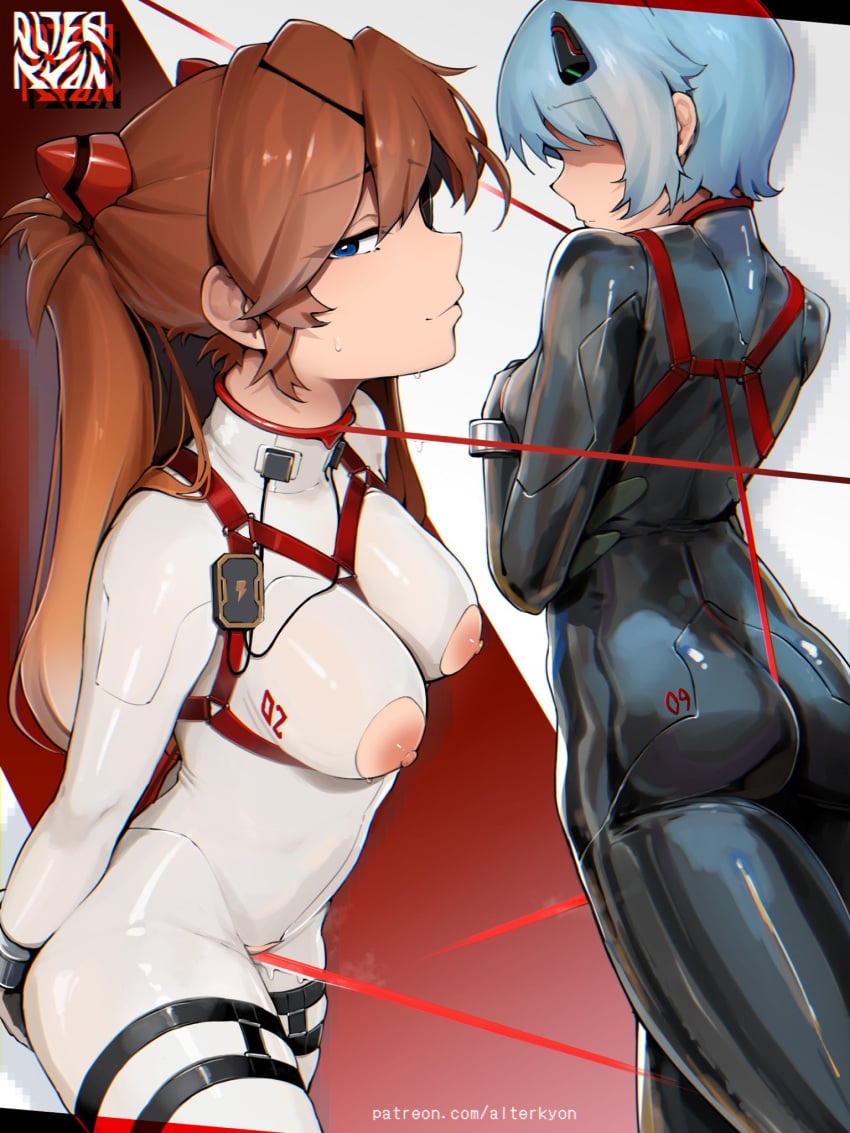 2girls alterkyon ass ayanami_rei black_bodysuit blue_eyes blue_hair bodysuit bondage bondage bound breasts brown_hair crotch_cutout crotch_rope highres leash long_hair looking_at_viewer mecha_pilot_suit medium_breasts multiple_girls neon_genesis_evangelion nipple_cutout orange_hair patreon_username plugsuit pussy_juice red_bodysuit short_hair simple_background smile smug souryuu_asuka_langley two_side_up white_bodysuit