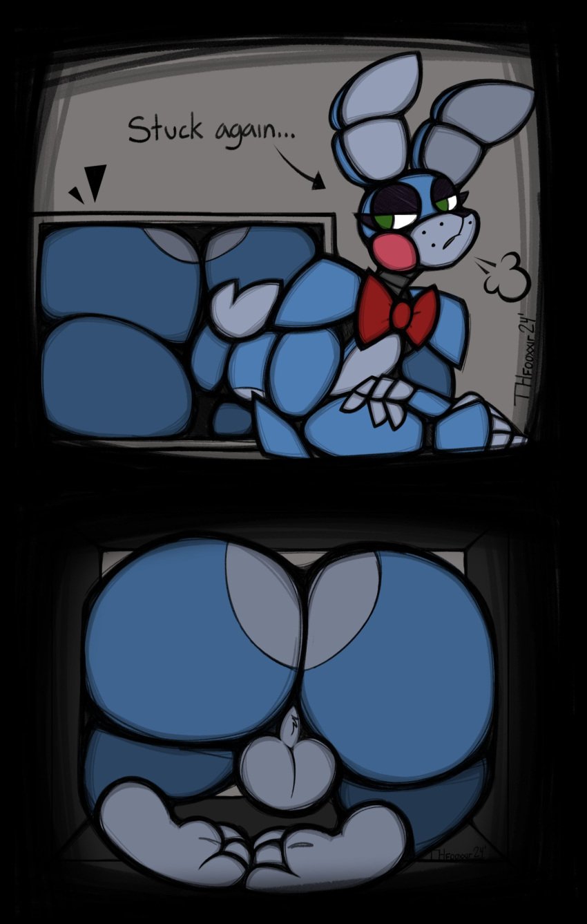 2024 3_toes annoyed anthro ass balls big_butt black_eyelids black_nose blue_body blue_fur bow_tie bow_tie_only butt_heart cheek_tuft crossed_arms directional_arrow english_text facial_tuft feet femboy five_nights_at_freddy's five_nights_at_freddy's_2 fur genitals green_eyes half-closed_eyes hi_res kneeling lagomorph leporid long_ears male mammal mostly_nude multicolored_body multicolored_fur narrowed_eyes nude_anthro nude_male rabbit rabbit_ears rear_view red_bow_tie scottgames side_view small_tail solo stuck stuck_in_vent tail text thfooxxir thick_thighs toes toy_bonnie_(fnaf) tuft vent whisker_spots white_balls white_body white_fur