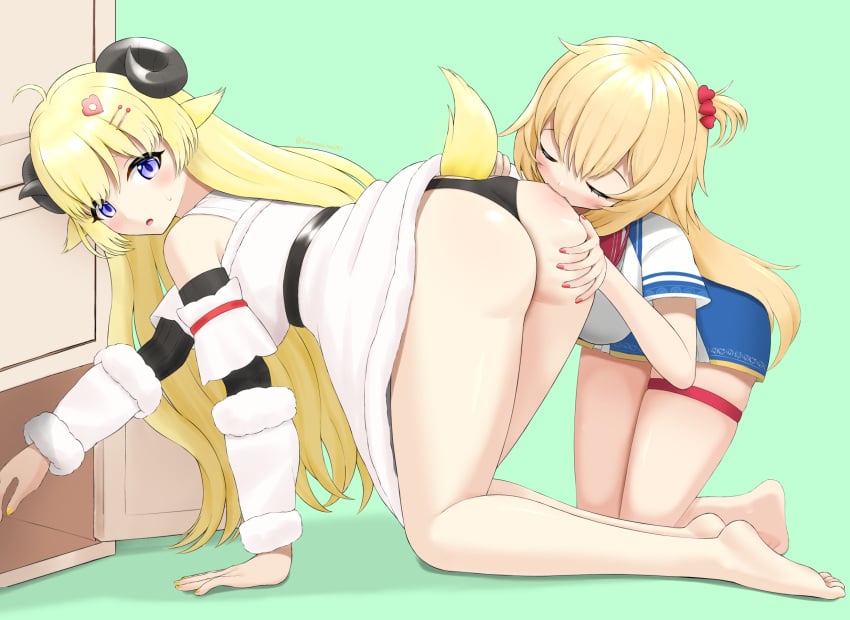 2girls akai_haato animal_ears ass ass_biting barefoot bite blonde_hair hololive hololive_japan horns long_hair panties tail tsunomaki_watame yuri