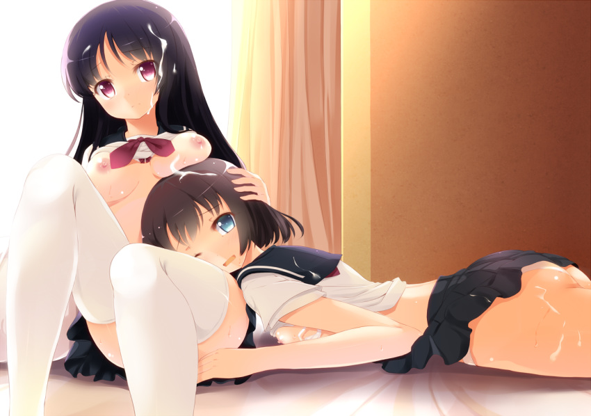 after_sex ass black_hair blue_eyes breast_press breasts brown_hair cum cum_on_body cum_on_hair cum_on_lower_body kneehighs komone_ushio long_hair looking_at_viewer lying multiple_girls nipples no_bra on_stomach onjouji_toki panties pink_eyes riichu saki saki_achiga-hen seifuku shimizudani_ryuuka shirt_lift short_hair skirt thighhighs white_legwear wink