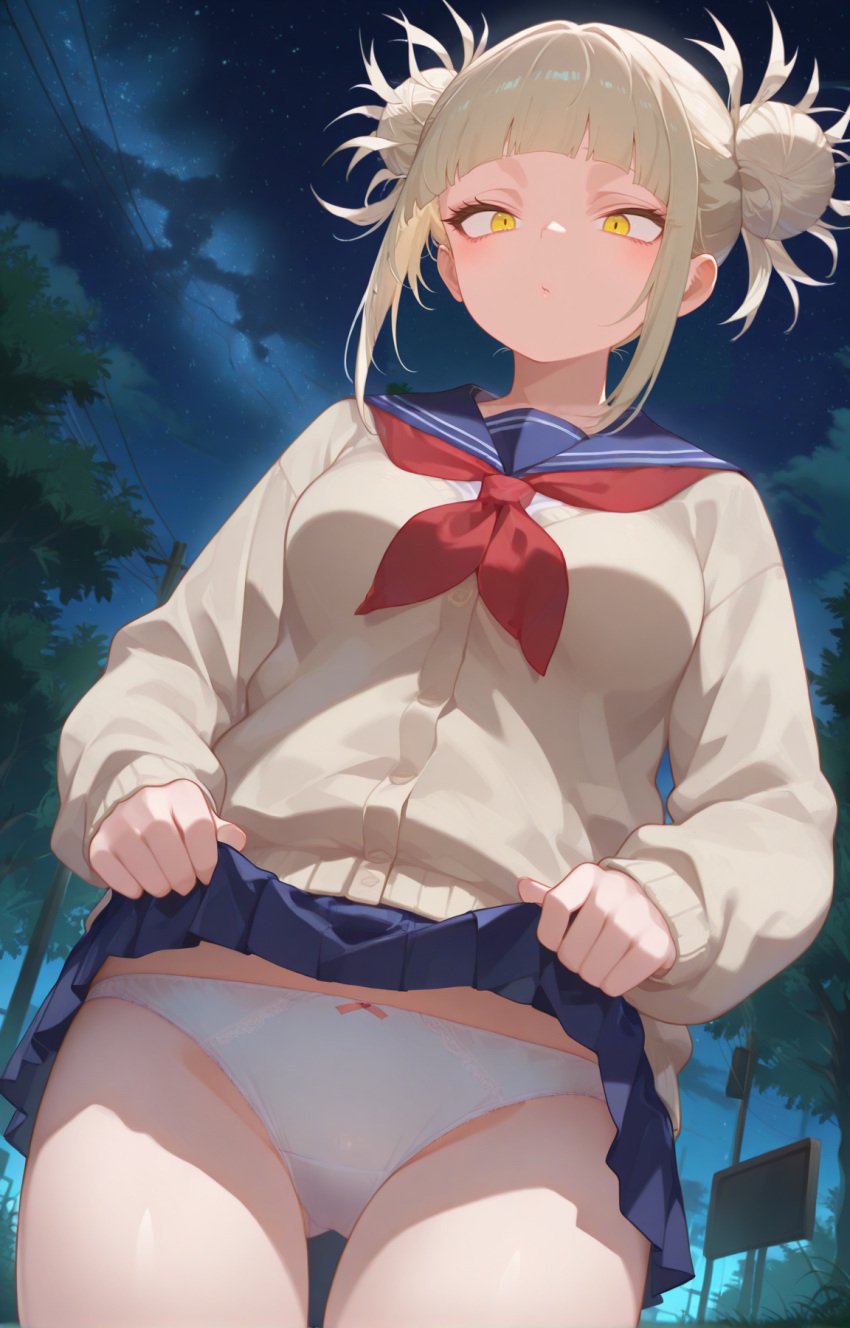 ai-generated ai_generated blonde_hair boku_no_hero_academia lifting_skirt my_hero_academia night panties school_uniform skirt sky thighs toga_himiko verdastra white_panties yellow_eyes