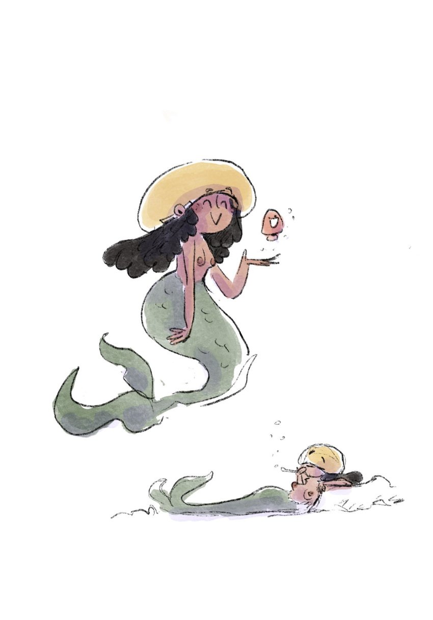 1girls black_hair cap dark_nipples dark_skin exposed_breasts faune female hat holding_object lying_down mermaid no_sex non-sexual_nudity smoking topless underwater wholesome