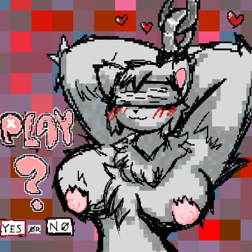 answer big_breasts blush breasts caritxxx chained_arms english english_text eyes_covered female furry furry_female no_background oc original_character pink_nipples pixel pixel_art question self_upload twitter twitter_user_oc twitter_username white_furry yes-no_question