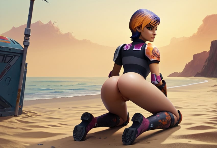 1girls ai_generated ass beach bubble_butt mandalorian_armor on_knees outdoors outside presenting_pussy pussy sabine_wren sitting solo solo_focus star_wars star_wars_rebels