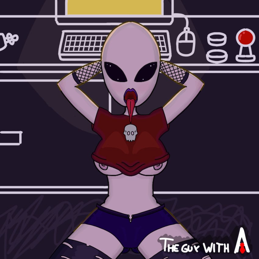 alien alien_girl alien_humanoid artjimx big_breasts big_eyes bottomless breasts crop_top fishnet_armwear horny kneeling minishorts png ripped_stockings tank_top thighhighs tongue