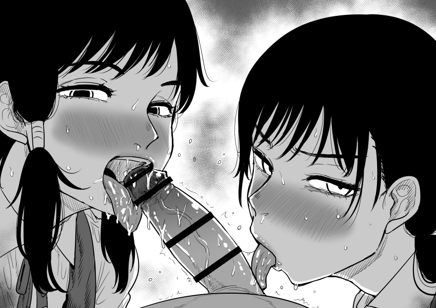 1boy 2girls bar_censor blowjob blush censor_bar censored chainsaw_man collaborative_fellatio fellatio female fumiko_mifune_(chainsaw_man) human kaiman_garupan licking licking_penis looking_at_viewer male mitaka_asa monochrome open_mouth oral penis penis_lick sweat threesome tongue tongue_out