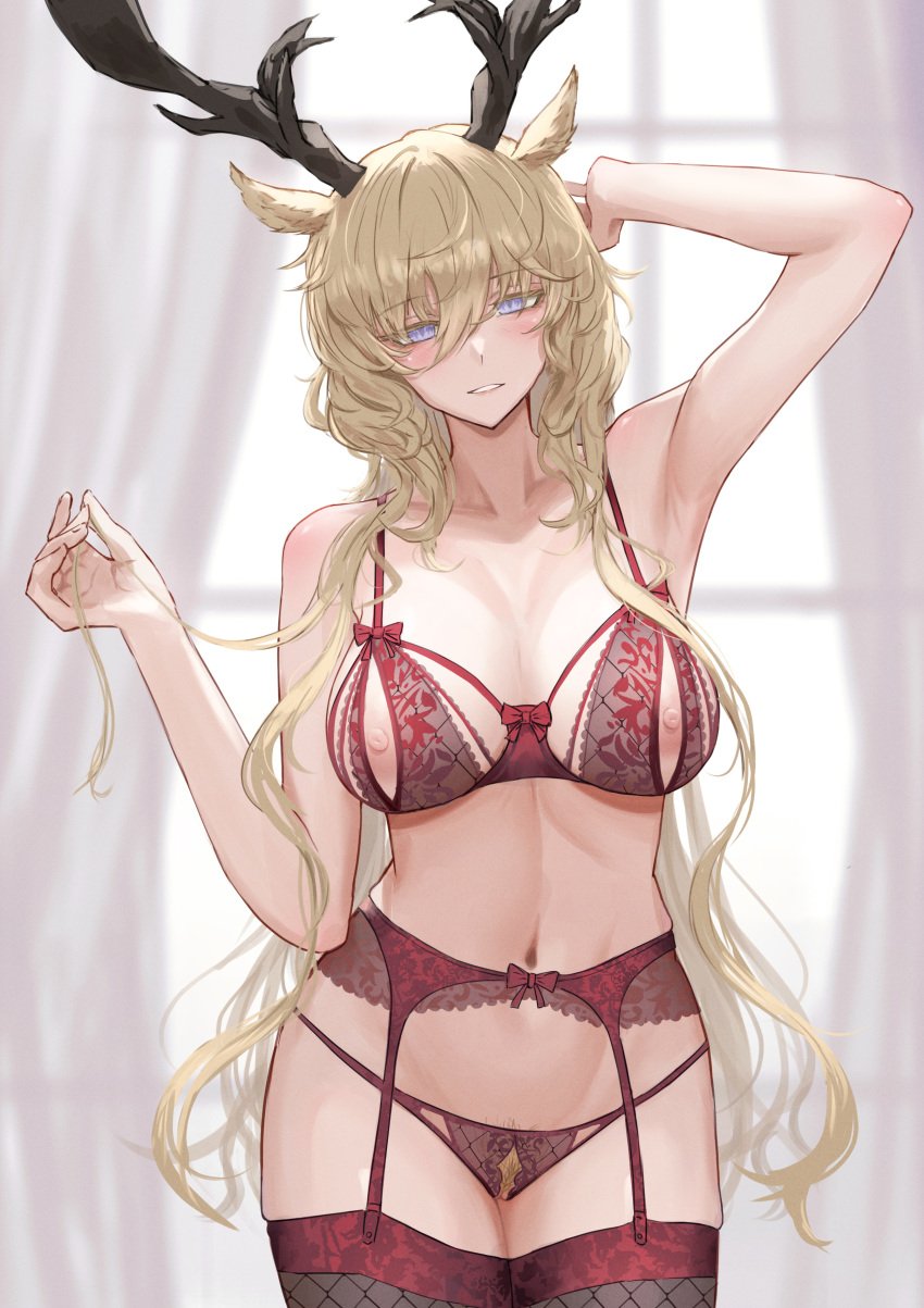 1girls animal_ears areolae arknights armpits bare_shoulders blonde_hair blue_eyes blush bra crotchless crotchless_panties cutout embarrassed exposed_nipples female female_only female_pubic_hair garter_belt gino hair_between_eyes hairy_pussy hand_on_head head_tilt highres hips horns kemonomimi light-skinned_female lingerie long_hair looking_at_viewer navel nippleless_bra nippleless_clothes nipples panties parted_lips pubic_hair pubic_hair_peek red_bra red_garter_belt red_lingerie red_panties red_underwear revealing_clothes solo_female standing underwear very_long_hair viviana_(arknights) waist