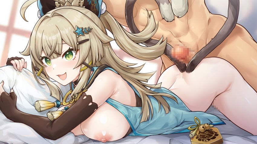 1boy 1girls :3 animal_ears blonde_hair bottomless breasts breasts_out cat_ears cat_tail censored erection female fingerless_gloves genshin_impact gloves green_eyes hair_between_eyes hair_ornament kirara_(genshin_impact) large_breasts long_hair mosaic_censoring multiple_tails nekomata nipples open_mouth penis pineapp_panda sex slit_pupils straight tail tails