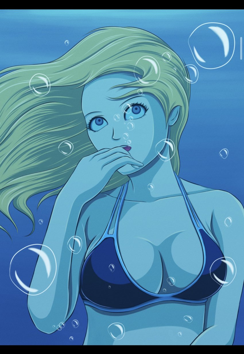 1girls air_bubbles big_breasts bikini blue_eyes breasts geldibson underwater