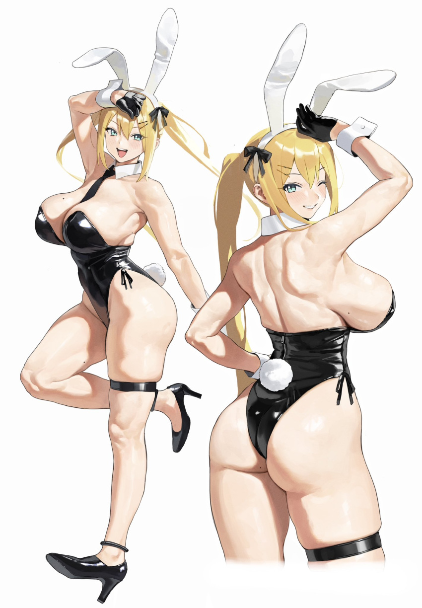 animal_ears arm_up ass backless_leotard black_footwear black_gloves black_leotard black_necktie blonde_hair blue_eyes breasts bunnysuit cropped_legs detached_collar fake_tail female gloves grin high_heels large_breasts leotard looking_at_viewer mole mole_on_breast multiple_views necktie one_eye_closed open_mouth original playboy_bunny pumps rabbit_ears rabbit_tail riki_(riki_unc) side-tie_leotard simple_background smile strapless strapless_leotard tail thigh_strap white_background white_wrist_cuffs wrist_cuffs