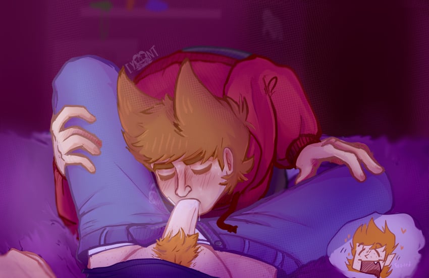 blowjob brown_hair eddsworld matt matt_(eddsworld) red_hoodie tord tord_(eddsworld)