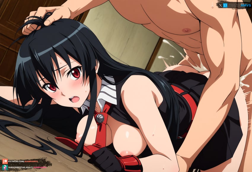 against_floor ai_generated akame_(akame_ga_kill!) akame_ga_kill! big_breasts black_hair female from_behind grabbing_hair juanpiamvs long_hair open_clothes open_mouth patreon patreon_username penetration red_eyes sex subscribestar subscribestar_username watermark