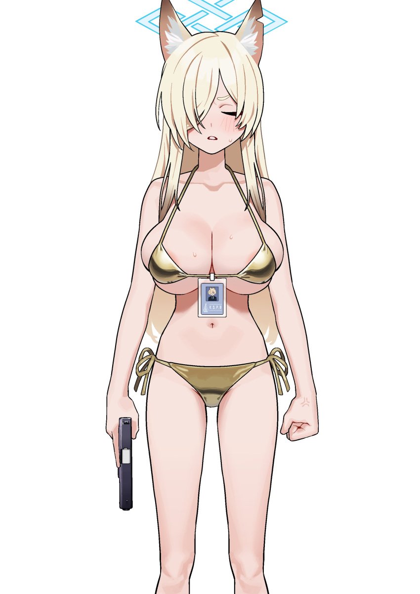 anger_vein animal_ear_fluff animal_ears bikini blonde_hair blue_archive blue_halo blush breasts clenched_hand closed_eyes clothing collarbone cowboy_shot dog_ears dog_girl female fffukuzawa firearm glock gold_bikini gun hair_over_one_eye halo handgun holding holding_gun holding_weapon human id_card kanna_(blue_archive) large_breasts long_hair pale_skin simple_background solo standing sweat swimsuit swimwear teeth weapon white_background