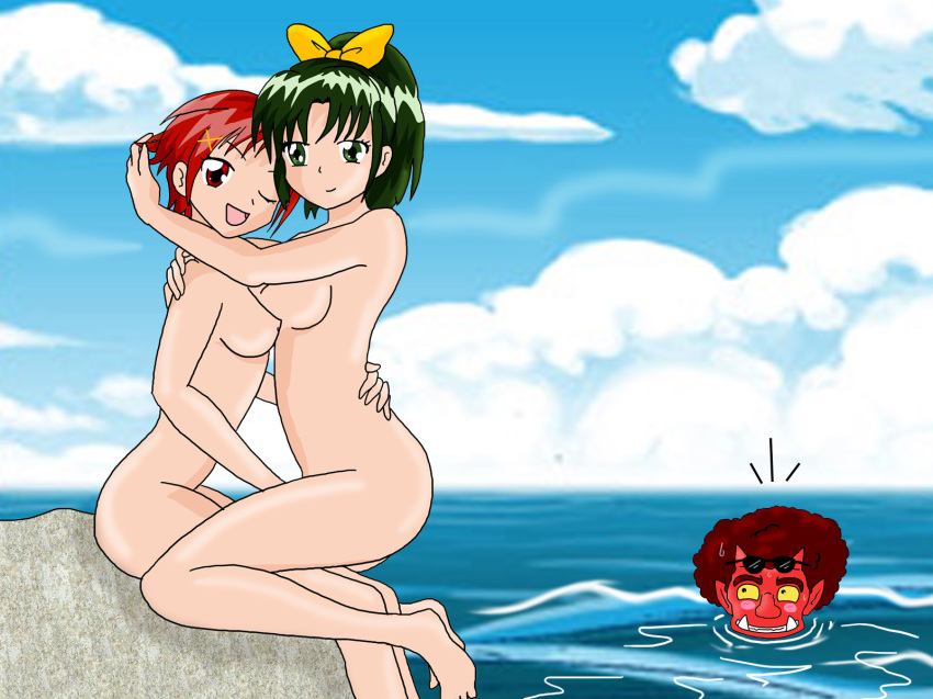 2girls akaoni beach female hino_akane looking_at_viewer midorikawa_nao multiple_girls mycrunchycookie nude ocean pretty_cure red_oni small_breasts smile_precure voyeur water yuri