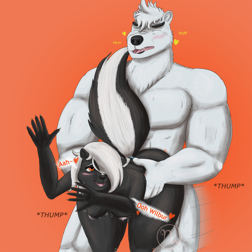 2024 5_fingers abs absurd_res anthro anthro_only artist_logo ashe_grewirt ass bear big_butt big_tail black_body black_breasts black_eyebrows black_fur black_lips blue_claws blush bouncing_breasts breasts claws closed_eyes colored dialogue digital_drawing_(artwork) digital_media_(artwork) duo english_text eternal_forwardness eyebrows facial_markings fangs female finger_claws fingers fluffy fluffy_tail fur grey_lips growling hair hair_over_eye head_markings heart_symbol hi_res holding_partner holding_up inner_ear_fluff interspecies larger_male leaning leaning_on_wall lips logo male male/female mammal markings medium_hair mephitid moan motion_lines multicolored_body multicolored_fur multicolored_tail muscular muscular_anthro muscular_male muscular_thighs name_in_dialogue neck_tuft nipples nude one_eye_obstructed open_mouth open_smile orange_background orange_eyes pecs penetration pink_nipples pink_tongue polar_bear short_hair simple_background size_difference skunk skywater smaller_female smile striped_body striped_fur stripes tail teeth text thick_bottom_lip thick_eyebrows thick_thighs thrusting thumping tongue tuft ursine vaginal_penetration wavy_hair white_body white_fur white_hair wide_hips wilbur_bearrison yellow_claws