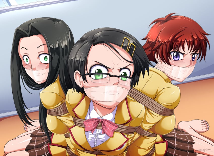 angry arms_tied_behind_back asahina_akane black_hair blue_eyes bondage gag gagged green_eyes kanokon looking_at_viewer megane multiple_subs red_hair sasamori_yuuki scared school_uniform takana_kiriko tape_gag tsinji