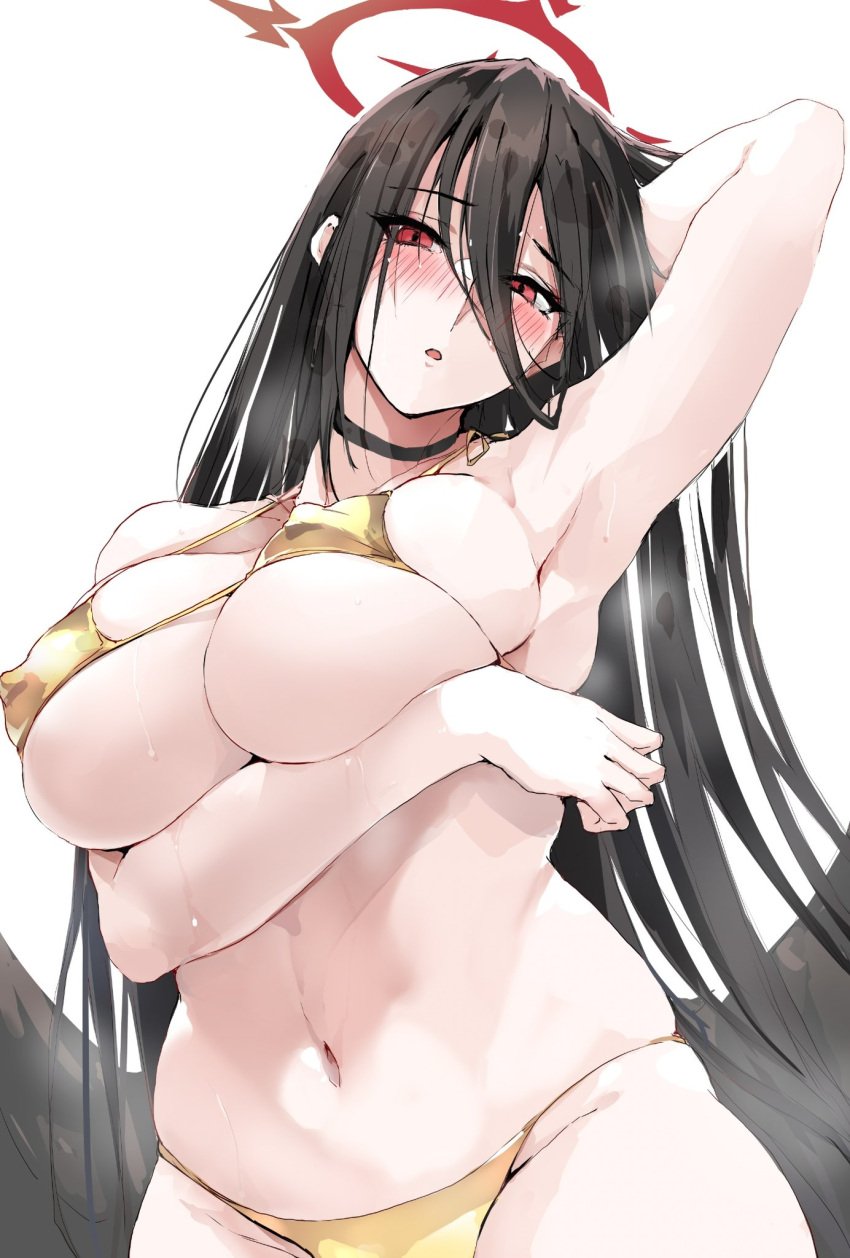 armpits bikini black_choker black_hair black_wings blue_archive blush breast_hold breasts choker cleavage collarbone covered_erect_nipples feathered_wings female gold_bikini groin hair_between_eyes halo hasumi_(blue_archive) highres justice_task_force_(blue_archive) large_breasts long_hair looking_at_viewer navel plump red_eyes skindentation solo swimsuit trinity_general_school_student very_long_hair wings zekkyon