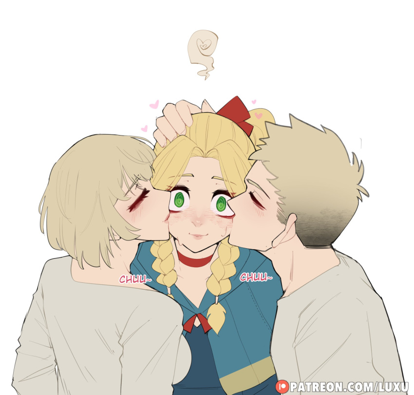 1boy 2girls bisexual bisexual_female bisexual_panic blonde_hair blush choker closed_eyes delicious_in_dungeon dungeon_meshi elf elf_ears elf_female falin_touden falin_touden_(tallman) female green_eyes heart hi_res kissing kissing_cheek laios_touden luxurias male marcille_donato multiple_girls smile twin_braids white_background wholesome