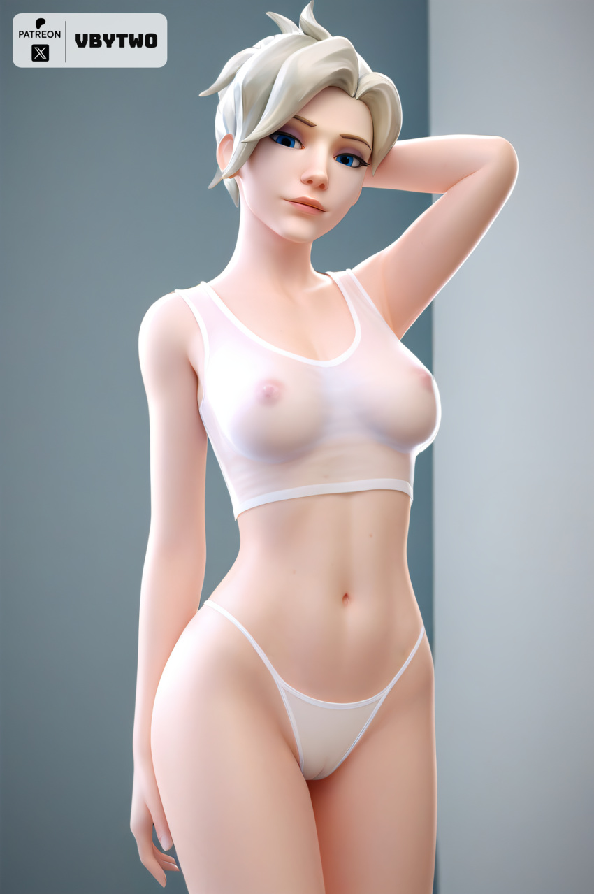 1female 1girls 1woman 3d ai_generated blizzard_entertainment blonde blonde_female blonde_hair blonde_hair_female blue_eyes boobs breasts child_bearing_hips female female_only girl girl_only hand_behind_head looking_at_viewer mercy overwatch overwatch_2 pussy see-through_clothing solo solo_female solo_focus vagina vbytwo white_bra white_panties white_underwear woman