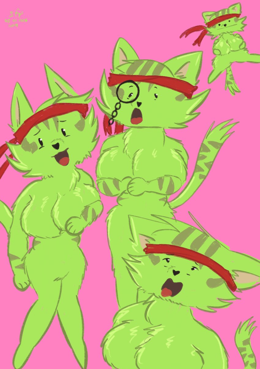 big_breasts breast_fur breasts cat_ears cat_tail furry furry_breasts furry_only green_body green_fur male monocle pink_background red_bandana slickflipper striped_fur tripplepaw_(oc)