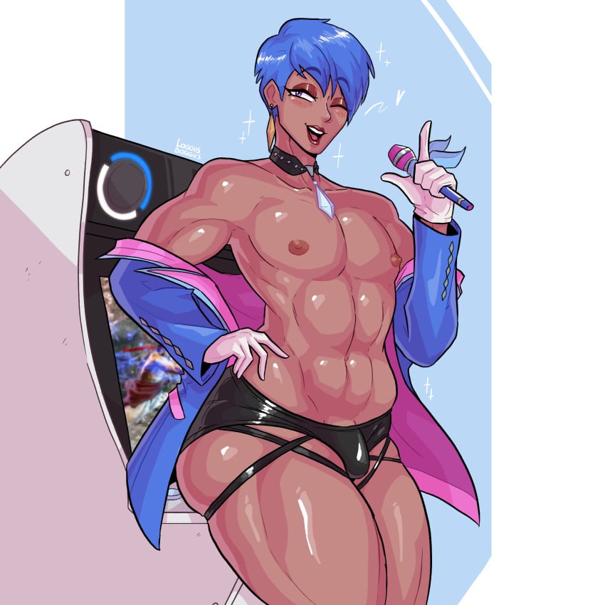 1boy 2023 abs blue_hair blush bulge capcom dark-skinned_male eternity_(street_fighter) femboy gloves hi_res jacket jacket_off_shoulders loggus_doggus looking_at_viewer male male_only microphone muscular muscular_femboy muscular_male narrowed_eyes penis_bulge red_lipstick short_hair smiling smiling_at_viewer solo street_fighter street_fighter_6 thick_thighs underwear wink winking_at_viewer