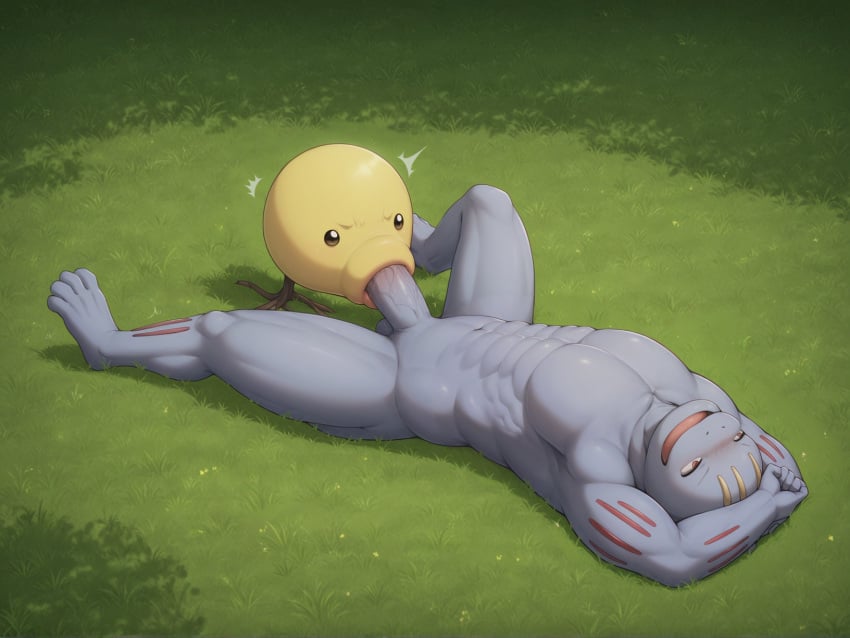 ai_generated angry bellsprout blowjob blush defeat defeated enjoying fellatio grass johnnyb machoke male_only muscular_male on_back oral outdoors pokémon_(species) pokemon pokemon_(species)