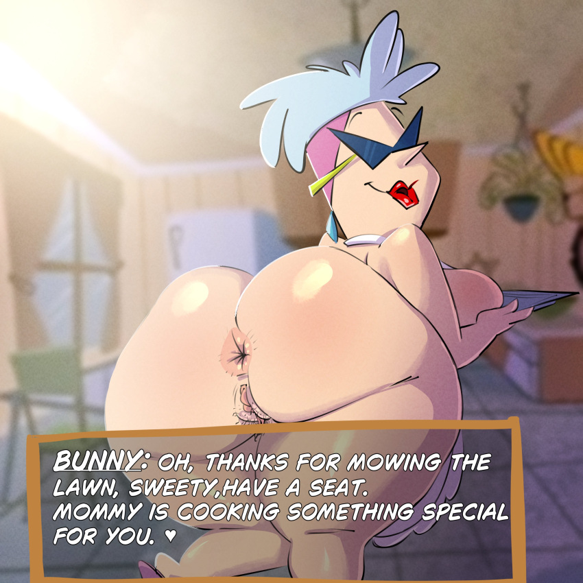 1girls alternate_version_available anus apron big_ass big_butt bunny_bravo cartoon_network english_text glasses huge_ass huge_butt johnny_bravo_(series) light-skinned_female light_skin looking_at_viewer looking_back mature mature_female milf mother naked_apron pokachu_(artist) pussy rear_view text voluptuous voluptuous_female warner_bros warner_brothers wide_hips