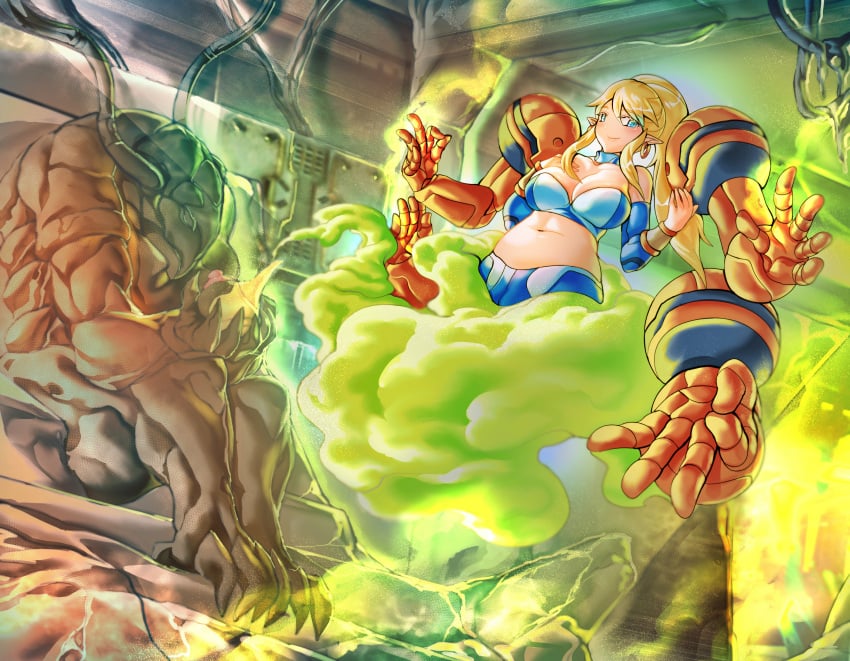 absurdres blonde_hair breasts cleavage elf_ears femsub genie harem_outfit long_hair metroid midriff multi_arm multi_limb navel nintendo ponytail psychowolffy samus_aran smile smoke statue transformation