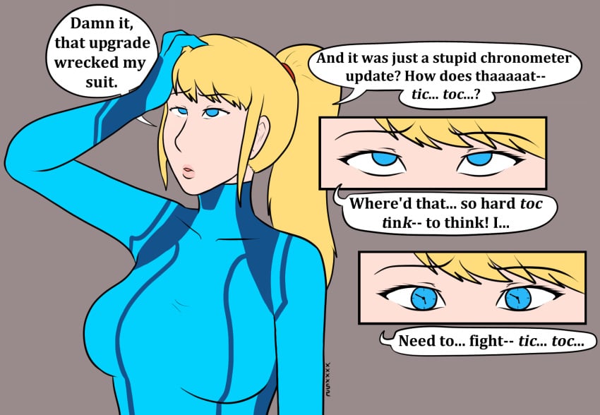 blonde_hair blue_eyes bodysuit clock comic confused dialogue eyelashes femsub hand_on_head long_hair metroid nintendo ponytail pre-transformation resisting samus_aran signature simple_background source_request speech_bubble suit symbol_in_eyes tagme text tick-tock_saying tied_hair transformation xxxx52 zero_suit