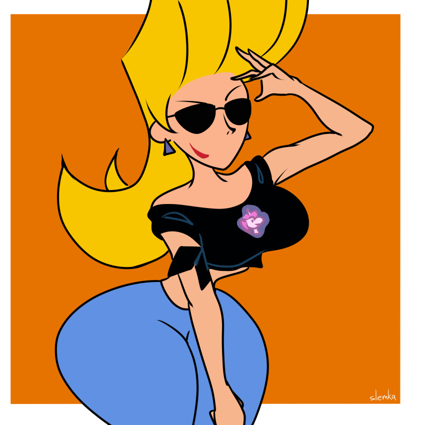 big_ass black_shirt blonde_hair cartoon_network color curvy_figure gender_transformation genderswap_(mtf) jenny_bravo johnny_bravo_(series) rule_63 slemka sunglasses tinted_eyewear