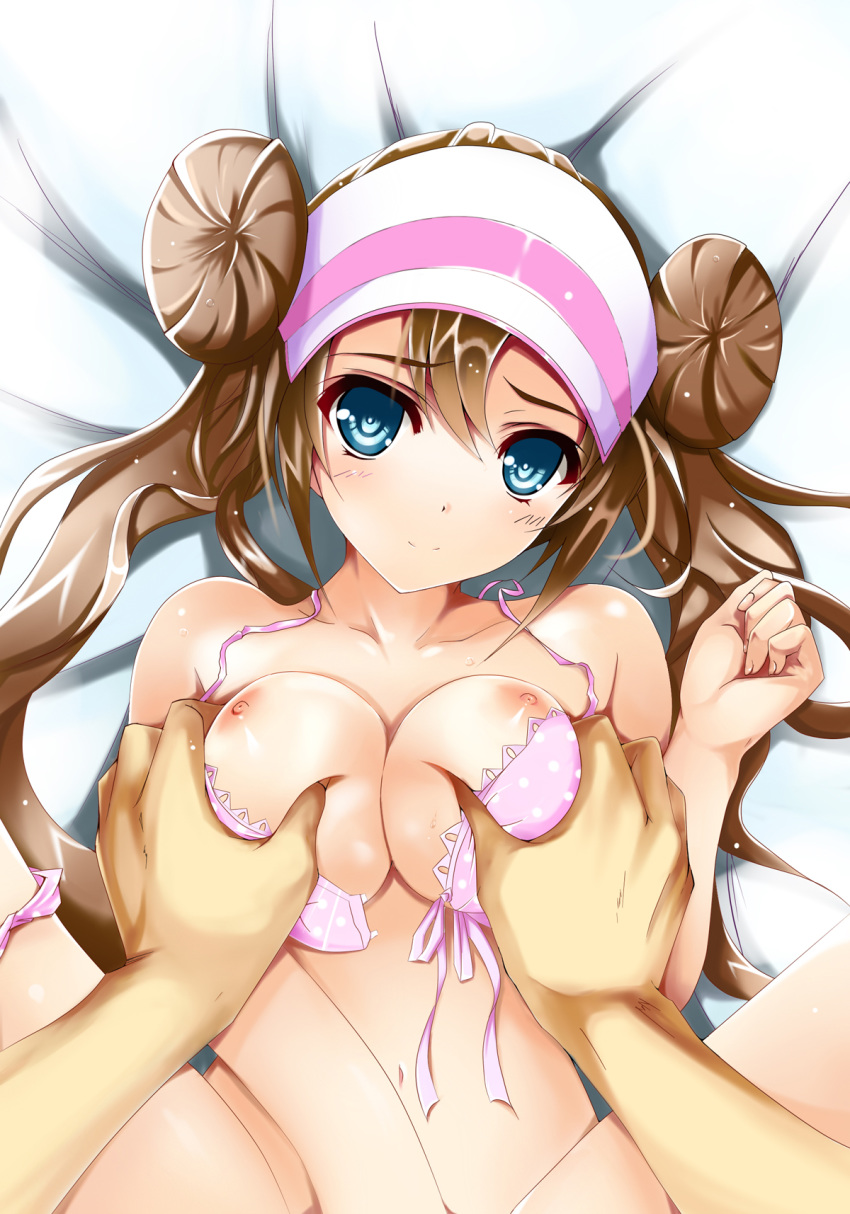 areolae bad_id blue_eyes blush bra breasts brown_hair derivative_work double_bun female grope groping highres human lying narumi_ayase navel nintendo nipples open_bra out-of-frame_censoring panties panties_around_one_leg pokemon pokemon_bw2 rosa_(pokemon) spread_legs tied_hair twintails underwear visor_cap