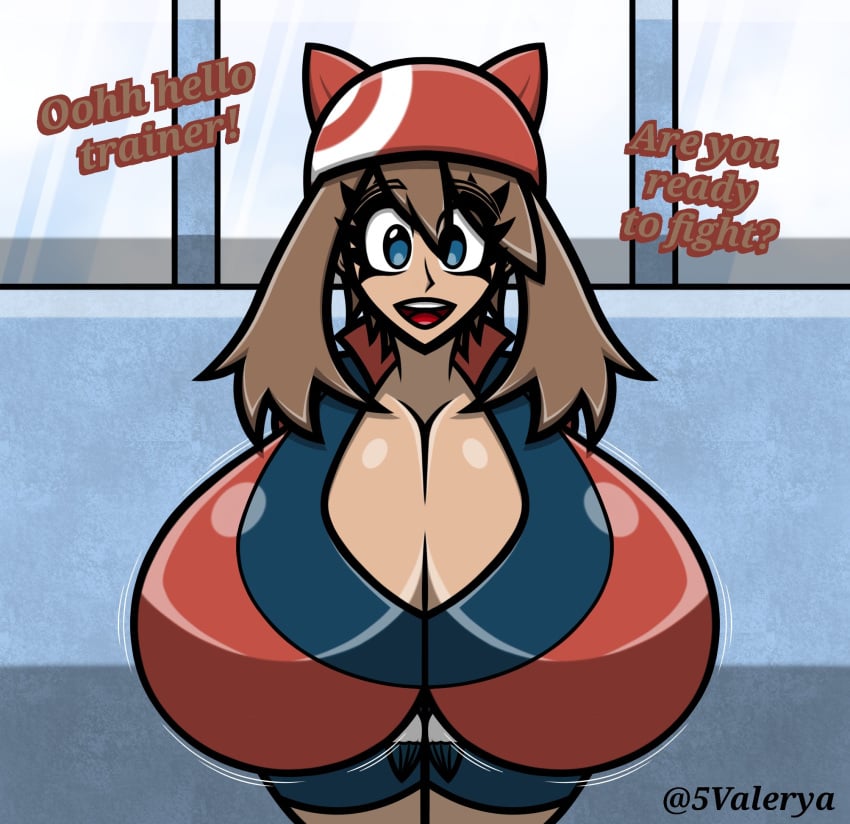 big_breasts blue_eyes brown_hair dialogue fully_clothed hyper hyper_breasts may_(pokemon) multifaker5 pokemon valerya5