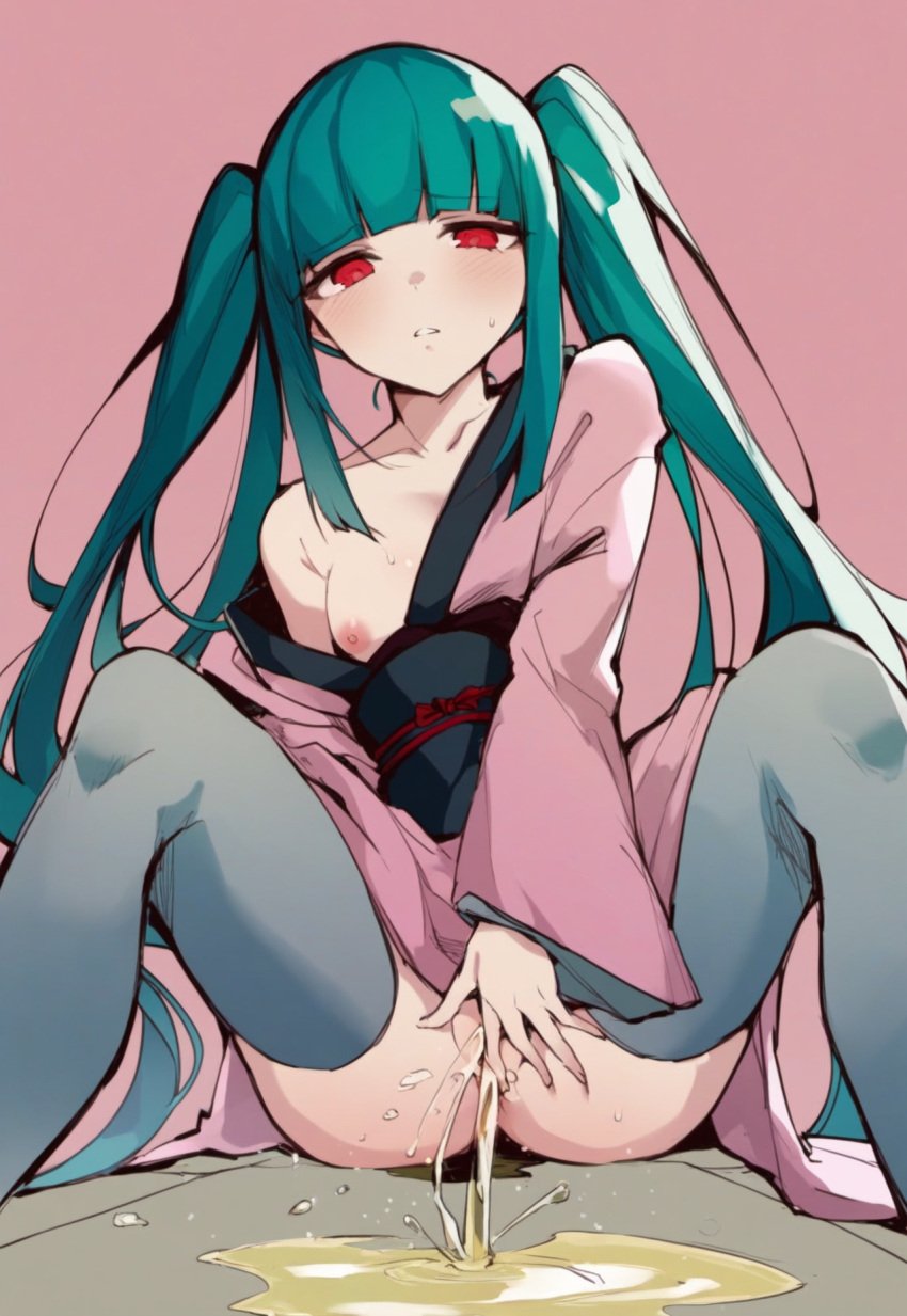 ai_generated amaterasu_(sister&#039;s_story) aqua_hair ass bangs between_legs blunt_bangs blush breasts collarbone embarrassed feet_out_of_frame female grey_thighhighs half-closed_eyes hand_between_legs hatsune_miku japanese_clothes kimono knees_up long_hair long_sleeves masa_works_design milua nipples no_bra no_panties novelai obi off_shoulder one_breast_out parted_lips peeing pink_background pink_kimono pony_diffusion_xl puddle pussy red_eyes sash self_upload sidelocks simple_background single_bare_shoulder sister&#039;s_story sitting small_breasts solo solo_female spread_legs sweat thighhighs twintails urine vocaloid