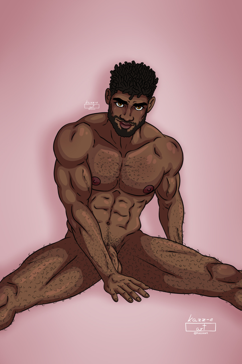 1boy 1male african_male beard dark-skinned_male dark_hair dark_skin deon_(kazz-e_art) facial_hair gay gay_male hairy hairy_arms hairy_chest hairy_male kazz-e_art looking_at_viewer male male_only muscles muscular muscular_male partially_visible_penis smirk solo solo_focus solo_male