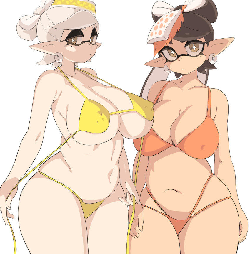 2girls alternate_breast_size bikini bikini_top_undone black_hair breasts callie_(splatoon) cousins female hips huge_breasts inkling inkling_girl light-skinned_female light_skin long_hair marie_(splatoon) nintendo orange_bikini short_hair simple_background splatoon splatoon_(series) squid_sisters tentacle_hair thick_thighs thighs white_hair wide_hips yellow_bikini yuta_agc