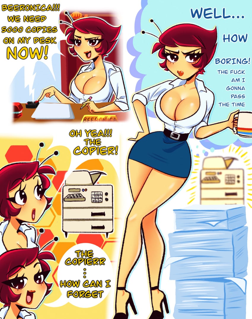 beeronica breasts button_down_shirt high_heels office_lady skirt text text_bubble