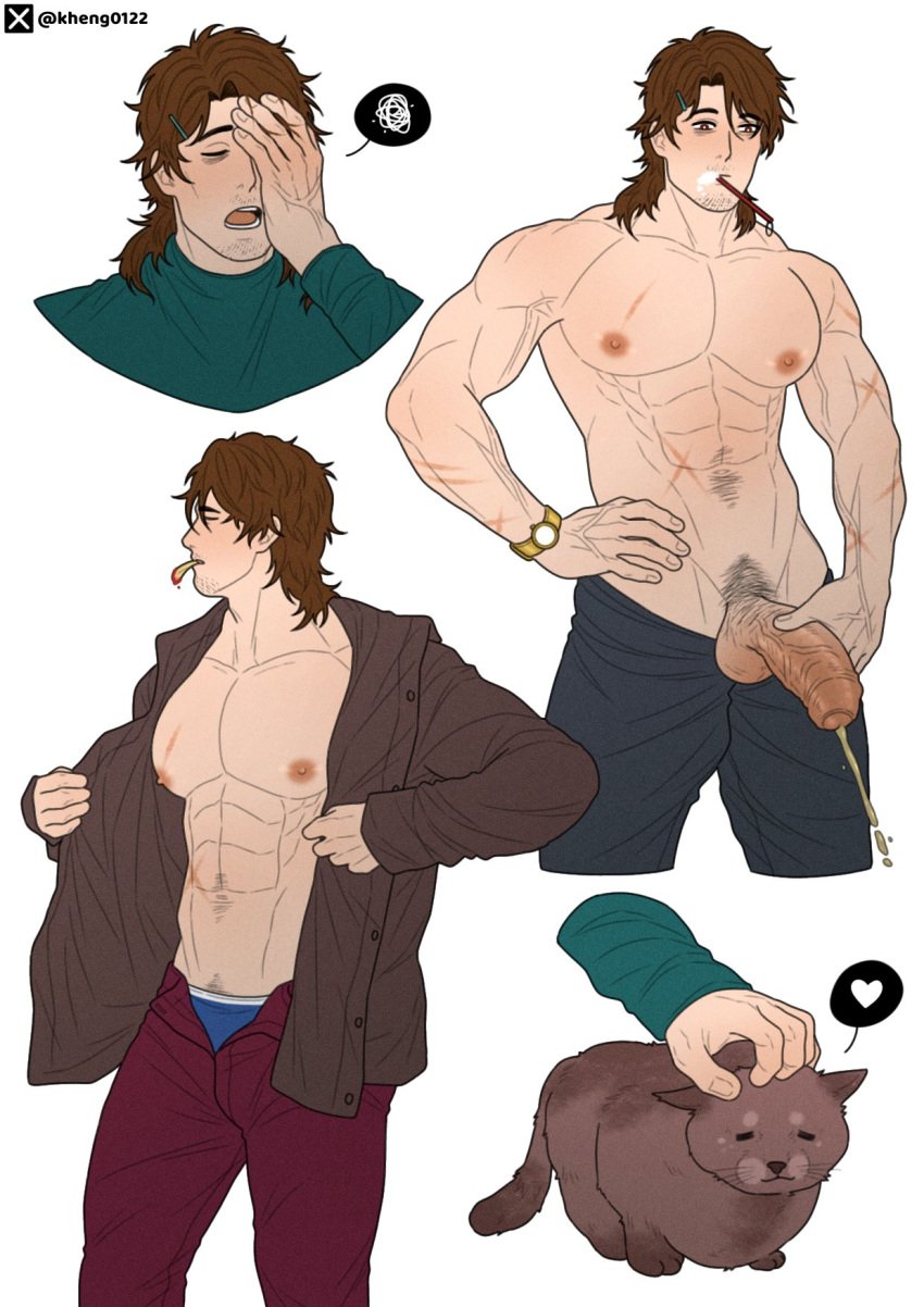 bara character gallagher_(honkai:_star_rail) game honkai:_star_rail kheng0122 male male_focus muscle nsfw peeing solo_male