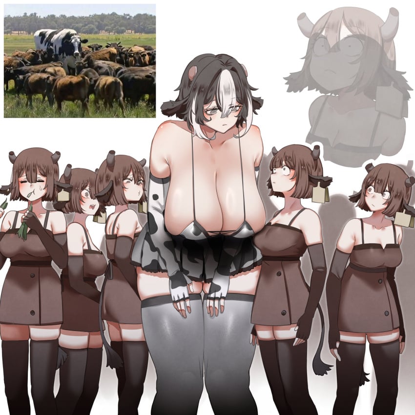 6+girls black_hair cleavage cow_ears cow_girl cow_horns cow_print ear_tag height_difference huge_breasts larger_female medium_breasts merryweather reference_image size_difference smaller_female standing taller_female taller_girl thick_thighs zettai_ryouiki