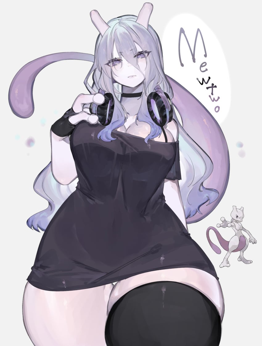 1girls 3_fingers black_thighhighs choker female female_only generation_1_pokemon headphones headphones_around_neck hi_res humanoid long_hair looking_at_viewer mewtwo nintendo pokemon pokemon_(species) purple_eyes reference_image solo t-shirt text thick_thighs thighhighs toge77789 togetoge white_hair