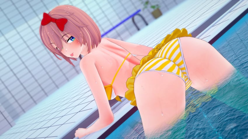 bending_over bent_over bikini doki_doki_literature_club from_behind looking_at_viewer looking_back looking_back_at_viewer mashirosolera pool poolside sayori_(doki_doki_literature_club) swimsuit swimwear