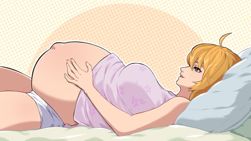 1girls ahoge alternate_breast_size alternate_hairstyle artist_request blonde_hair breasts canon_pregnancy fiora_(xenoblade) green_eyes large_breasts lying_on_back lying_on_bed monolith_soft official_alternate_hairstyle on_back on_bed panties popped_navel pregnant purple_shirt ready_to_pop rubbing_belly shirt_too_small short_hair xenoblade_(series) xenoblade_chronicles