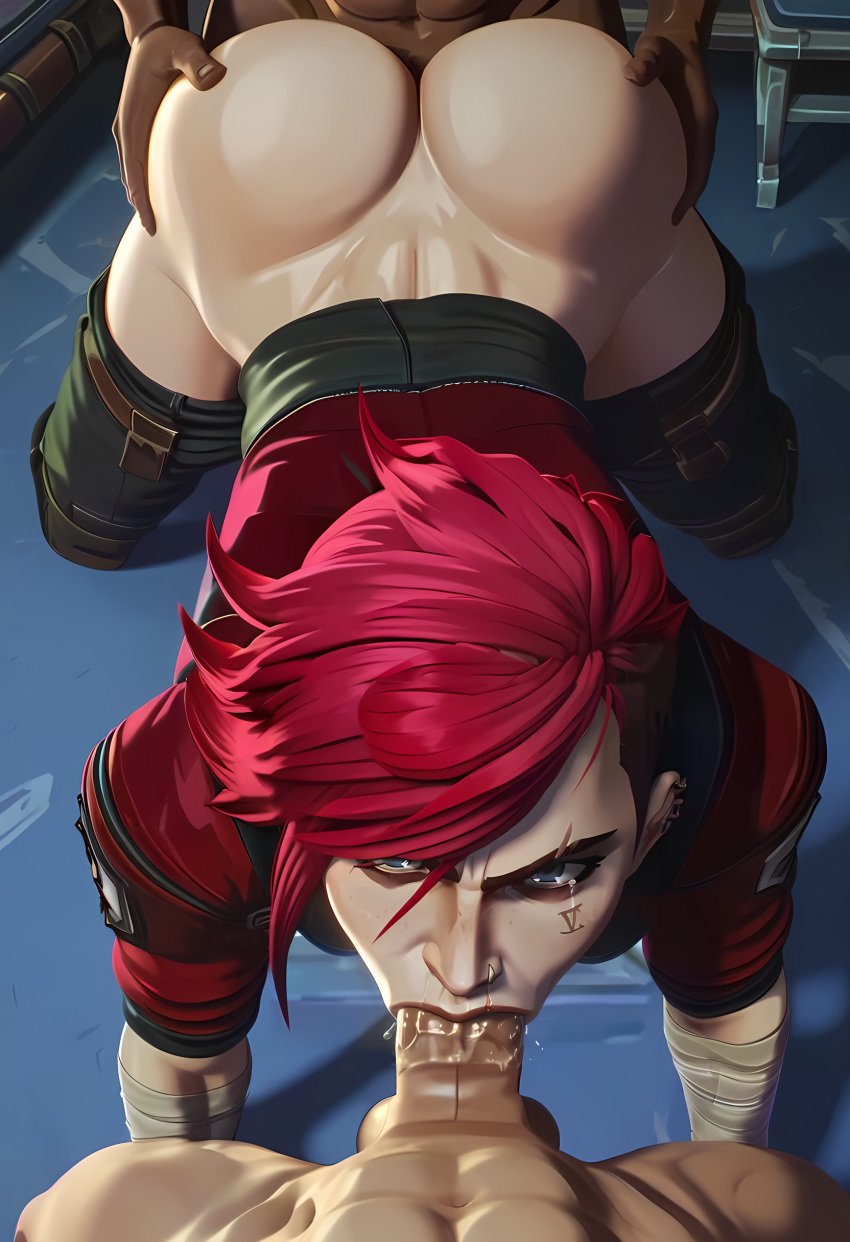 1girls 2boys abs ai_generated angry angry_expression angry_face arcane arcane_vi big_ass blowjob blue_eyes bubble_butt dark-skinned_male dat_ass deepthroat defeated doggy_style eye_contact_pov failheroai forced forced_oral fucked_from_behind league_of_legends light-skinned_female looking_at_viewer male_pov maledom on_all_fours oral oral_sex orientation_play pants_down penis pink_hair pov rape riot_games round_ass round_butt shaved_side short_hair spitroast tomboy toned_female vi