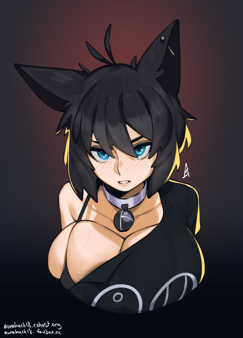 1girls absurd_res artist_website aurahack big_breasts black_hair blue_eyes blush breast_squish cleavage collar ear_piercing female female_only fictional_language looking_at_viewer matoran_text_(bionicle) portrait raine_(zanamaoria) sideboob solo wolf_ears wolf_girl