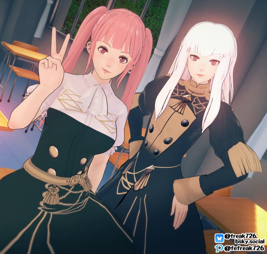 2girls 3d bangs breasts fefreak726 female female_only fire_emblem fire_emblem:_three_houses garreg_mach_monastery_uniform hands_on_own_hips hilda_valentine_goneril indoors long_hair long_sleeves looking_at_viewer lysithea_von_ordelia medium_breasts multiple_girls nintendo pink_eyes pink_hair school school_uniform schoolgirl sitting skirt small_breasts smile twintails v white_hair