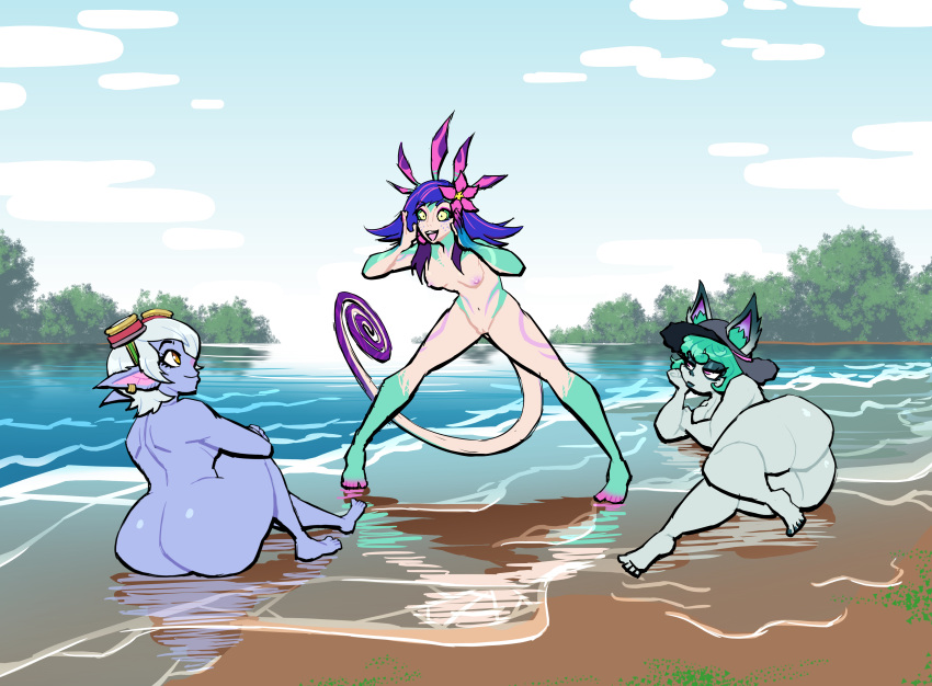 3girls absurd_res accessory animal_humanoid anthro ass barefoot beach big_breasts big_penis breasts chameleon_humanoid female flower flower_in_hair genitals green_hair green_skin group hair hair_accessory hi_res humanoid humanoid_pointy_ears league_of_legends lizard_humanoid lovetopullmicke lying medium_breasts neeko nude on_side plant purple_body purple_skin pussy reptile reptile_humanoid riot_games scalie scalie_humanoid sitting smile soles standing tencent toes trio tristana vex_(league_of_legends) white_hair yordle