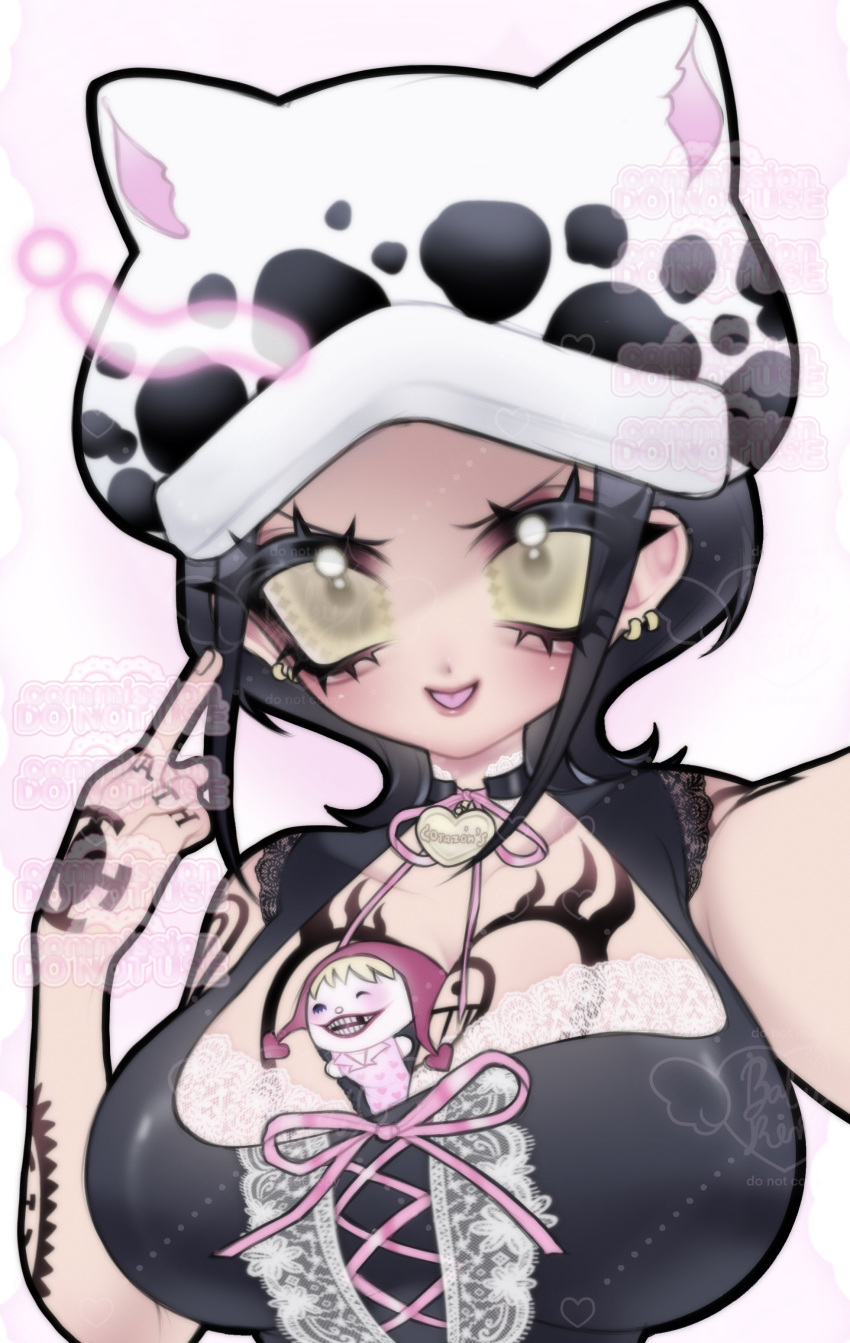 arm_tattoo big_breasts black_hair canon_genderswap cat_ears chest_tattoo cleavage collar dearslilith donquixote_rosinante earrings female female_only flipping_off genderswap_(mtf) hand_tattoo hat lace looking_at_viewer middle_finger neck_ribbon object_between_breasts one_piece plushie rule_63 selfie short_hair shoulder_tattoo smile tattoo tattoos trafalgar_law trafalgar_law_(female) upper_body yellow_eyes