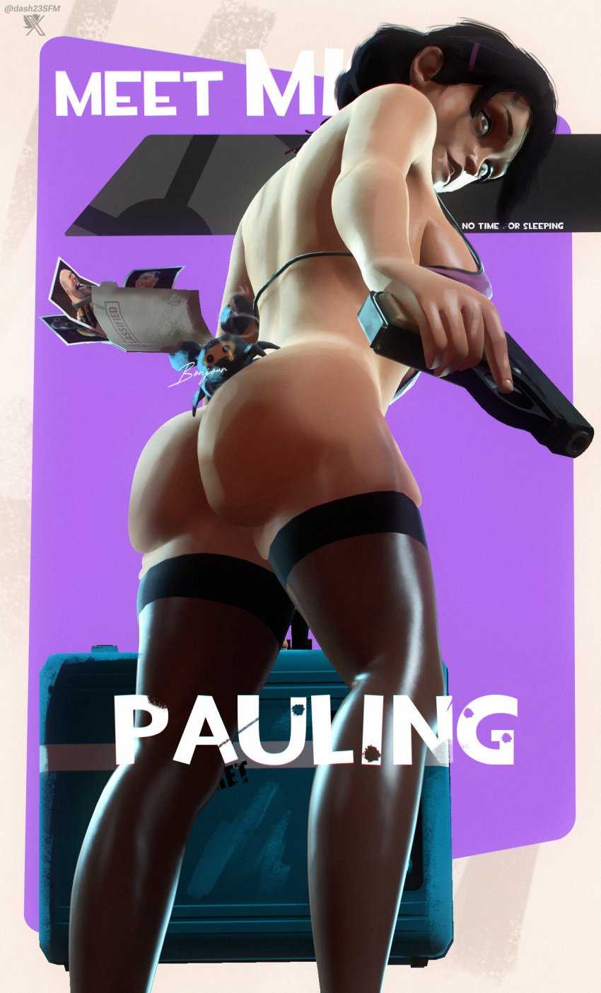 1girls 3d armed ass bare_ass bare_legs bare_shoulders bra crazy_eyes dash23 document documents from_below from_below_view miss_pauling pantyhose pinup pistol secret_agent sfm solo solo_female source_filmmaker team_fortress_2 tired_eyes